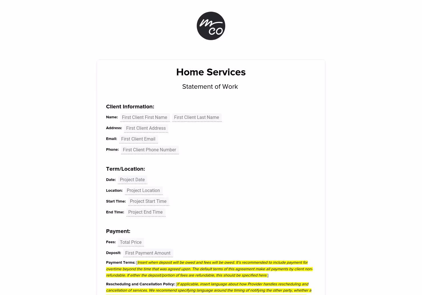 Home Services Contract