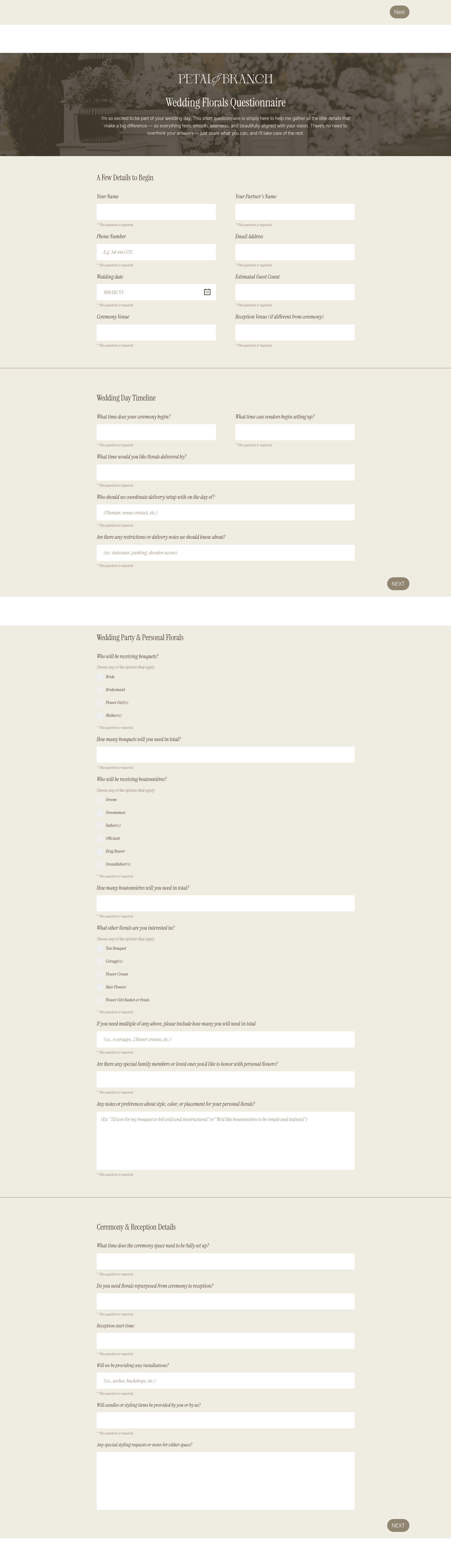 Intake Questionnaire for Wedding Florist