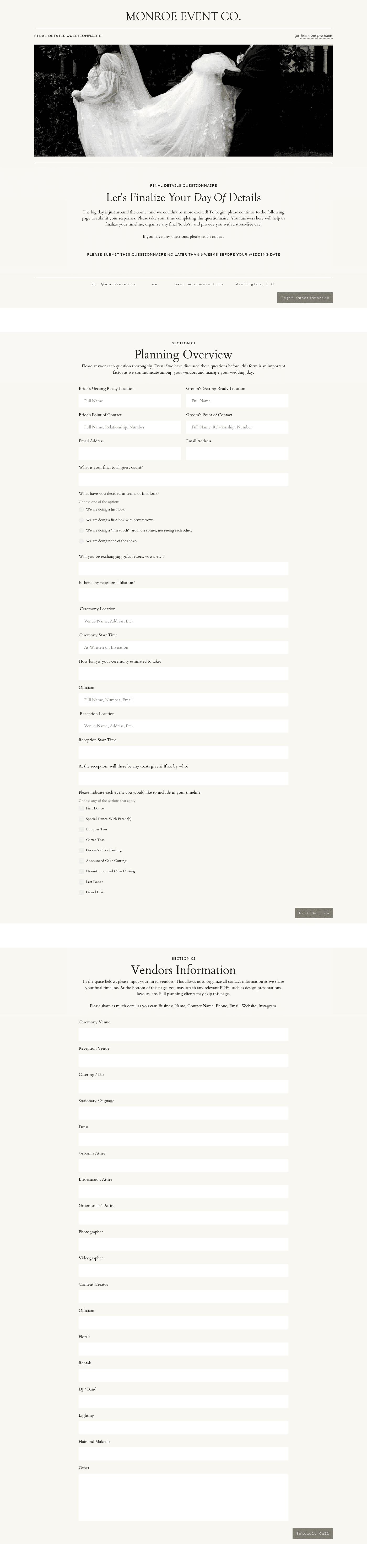 Monroe Event Co. Final Details Questionnaire