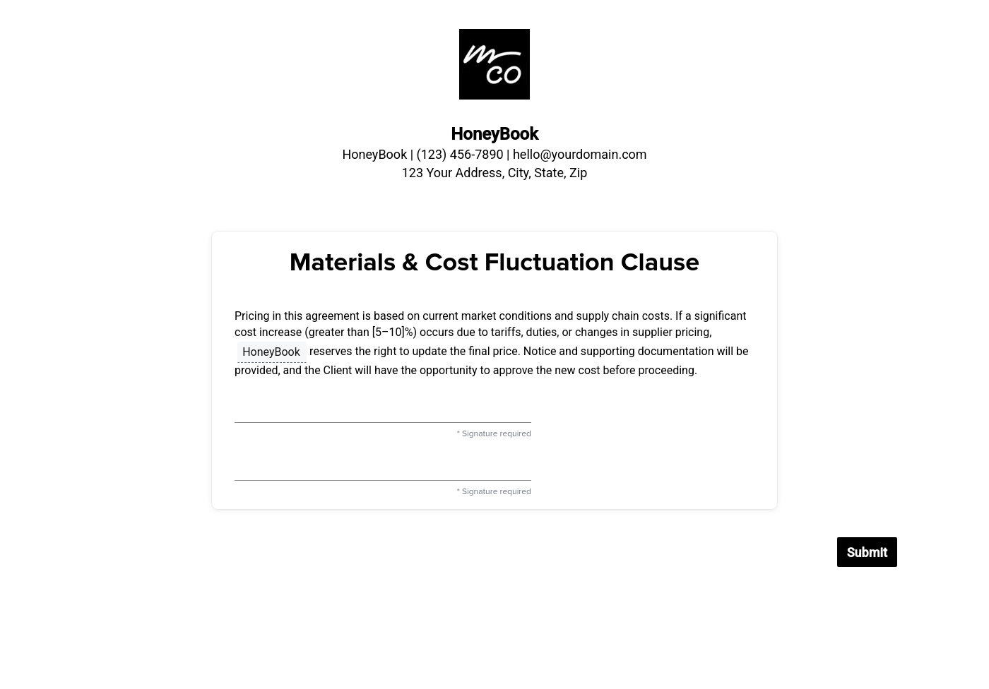 Materials & Cost Fluctuation Clause (for Product-Based Services)