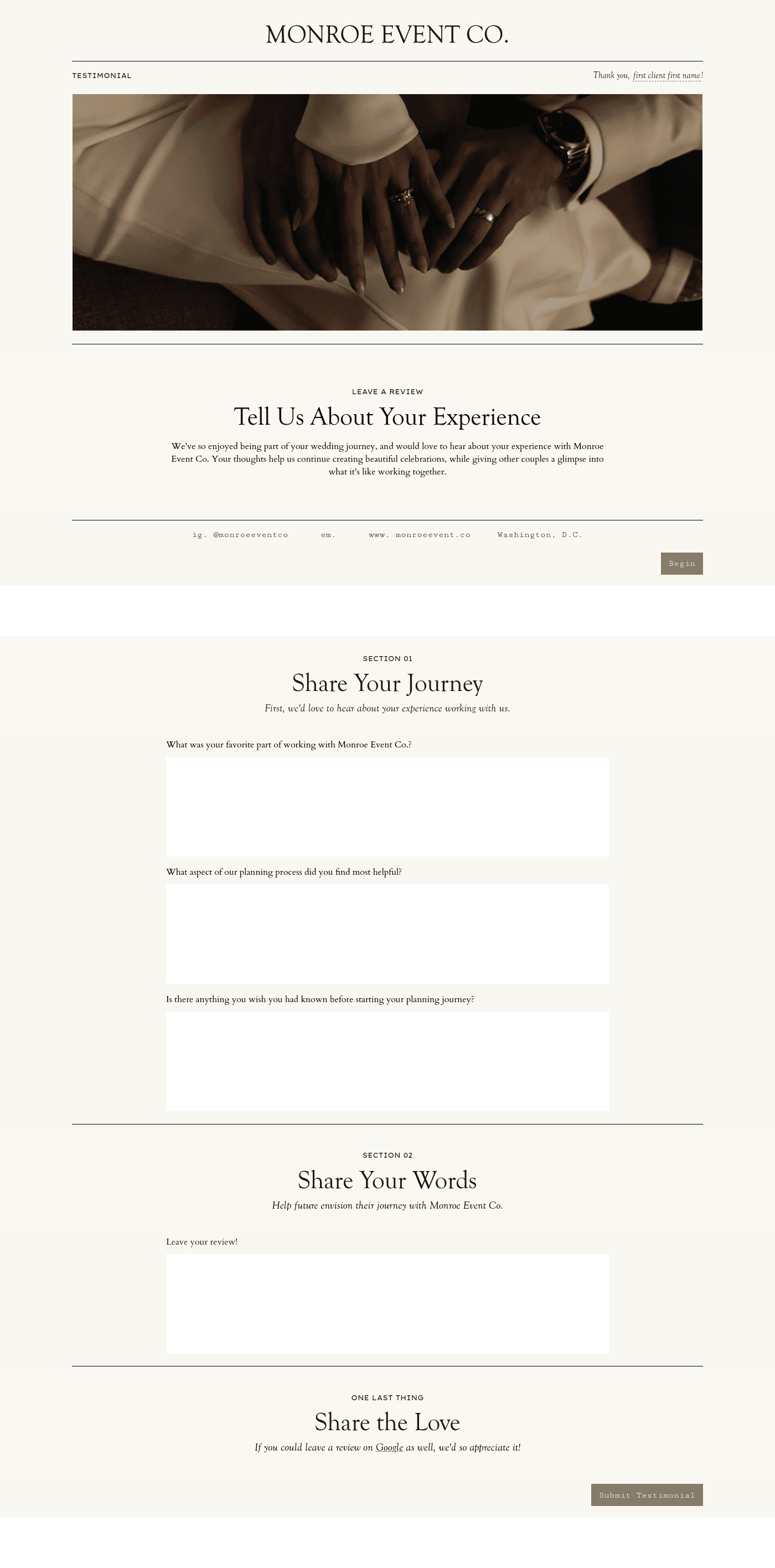 Monroe Event Co. Testimonial Questionnaire