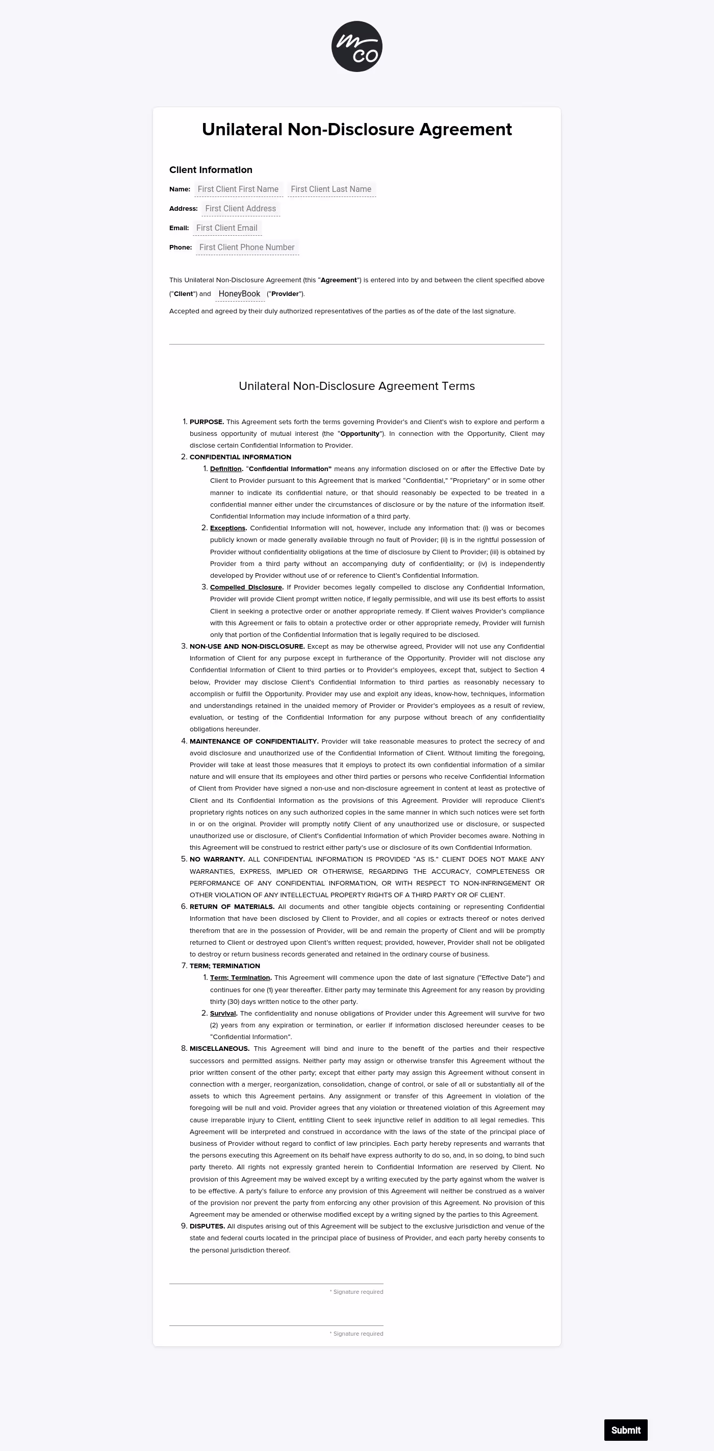 Non Disclosure Agreement-Receiver