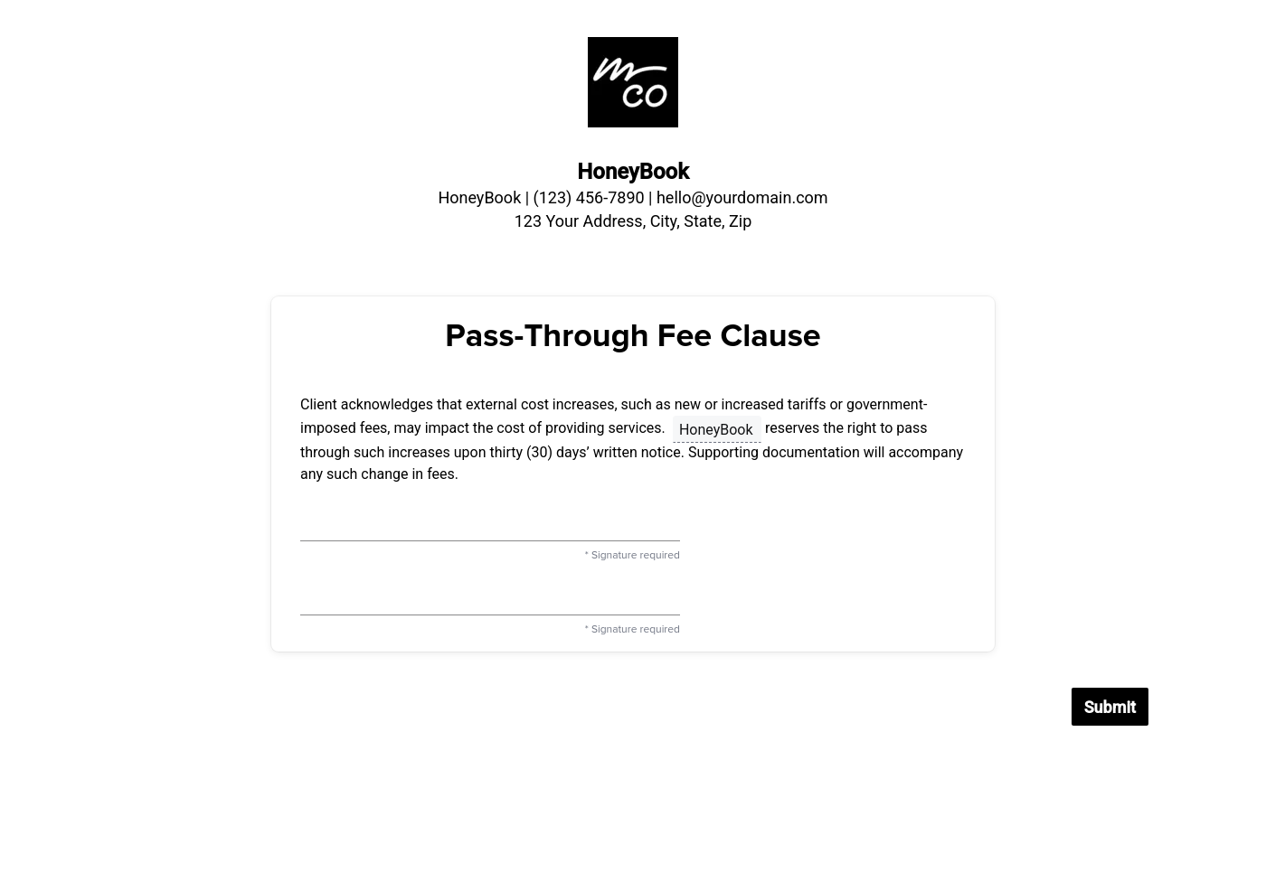 Pass-Through Fee Clause (for Retainers or Recurring Agreements)