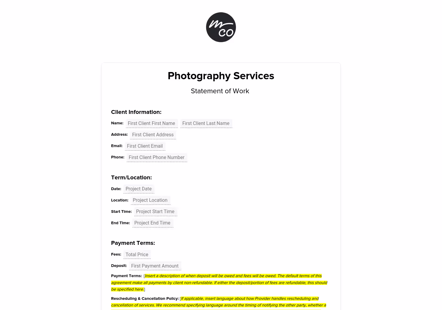 Photography Contract