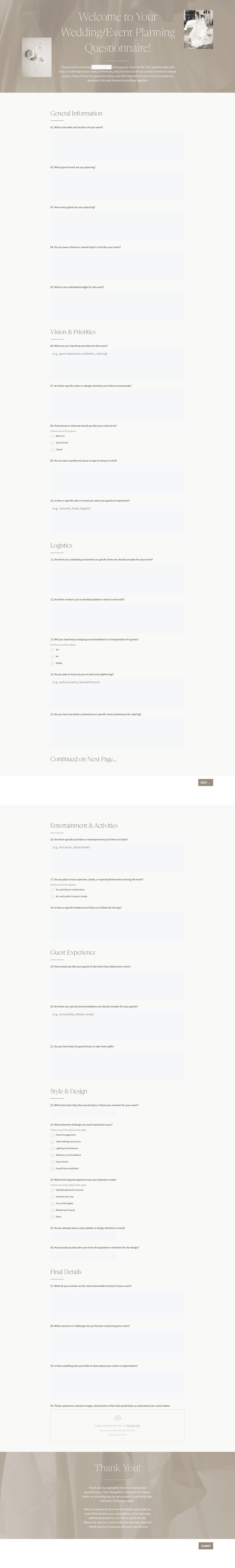 Questionnaire for Wedding Planners