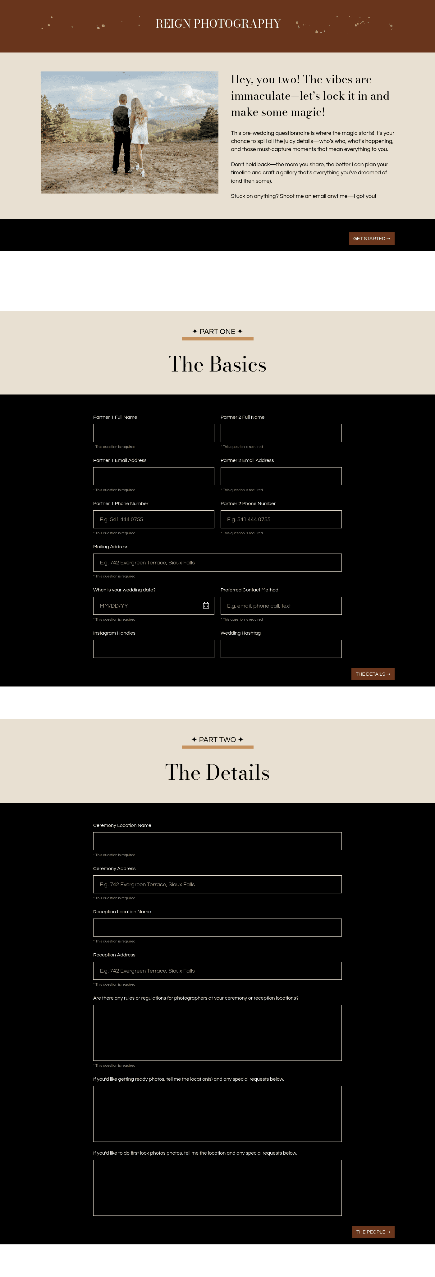 Reign Onboarding Questionnaire for Wedding Photographers