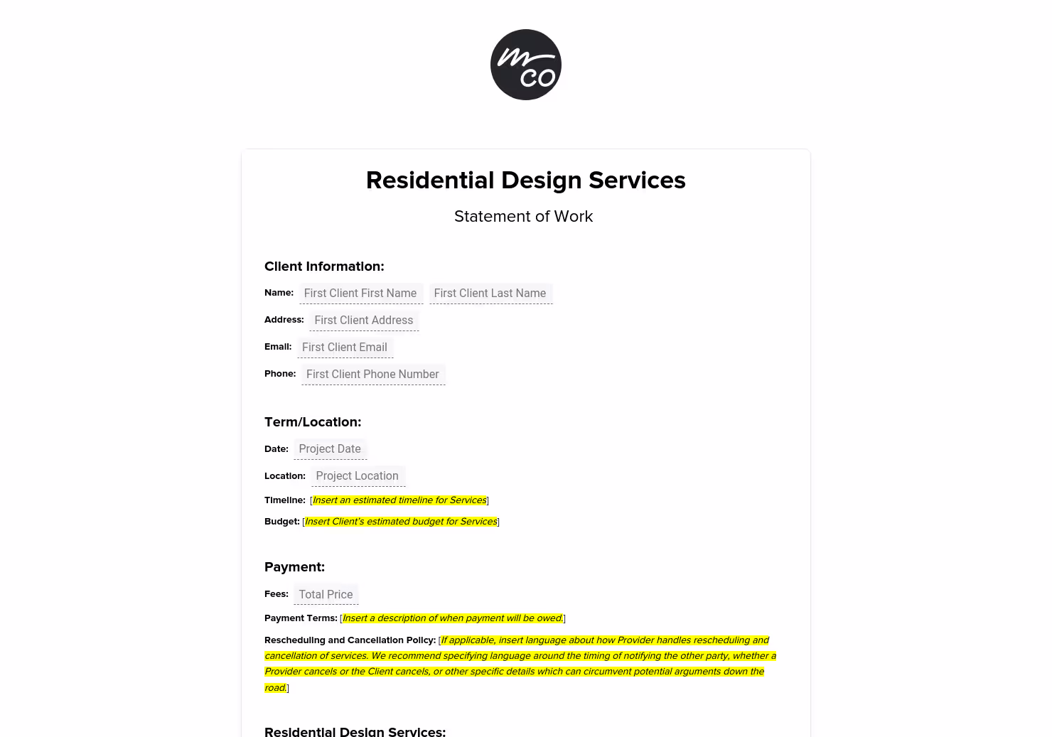 Residential Interior Design Services Contract