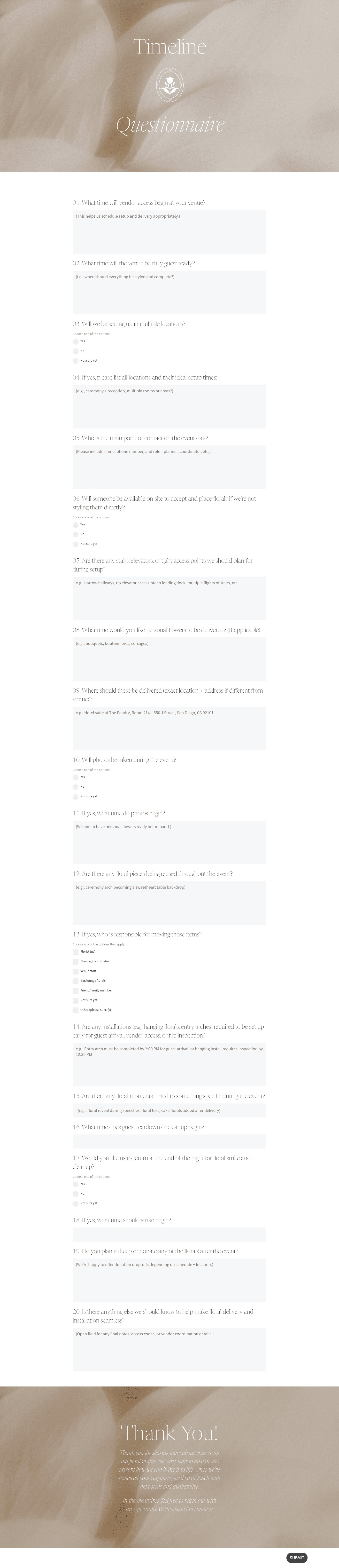Timeline Questionnaire for Florists