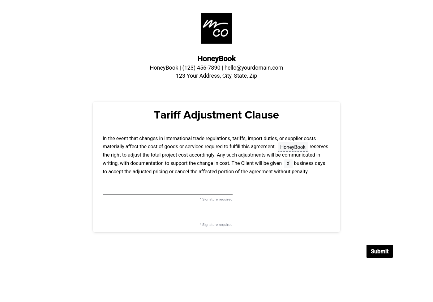 Tariff Adjustment Clause (for Service Agreements or Contracts)