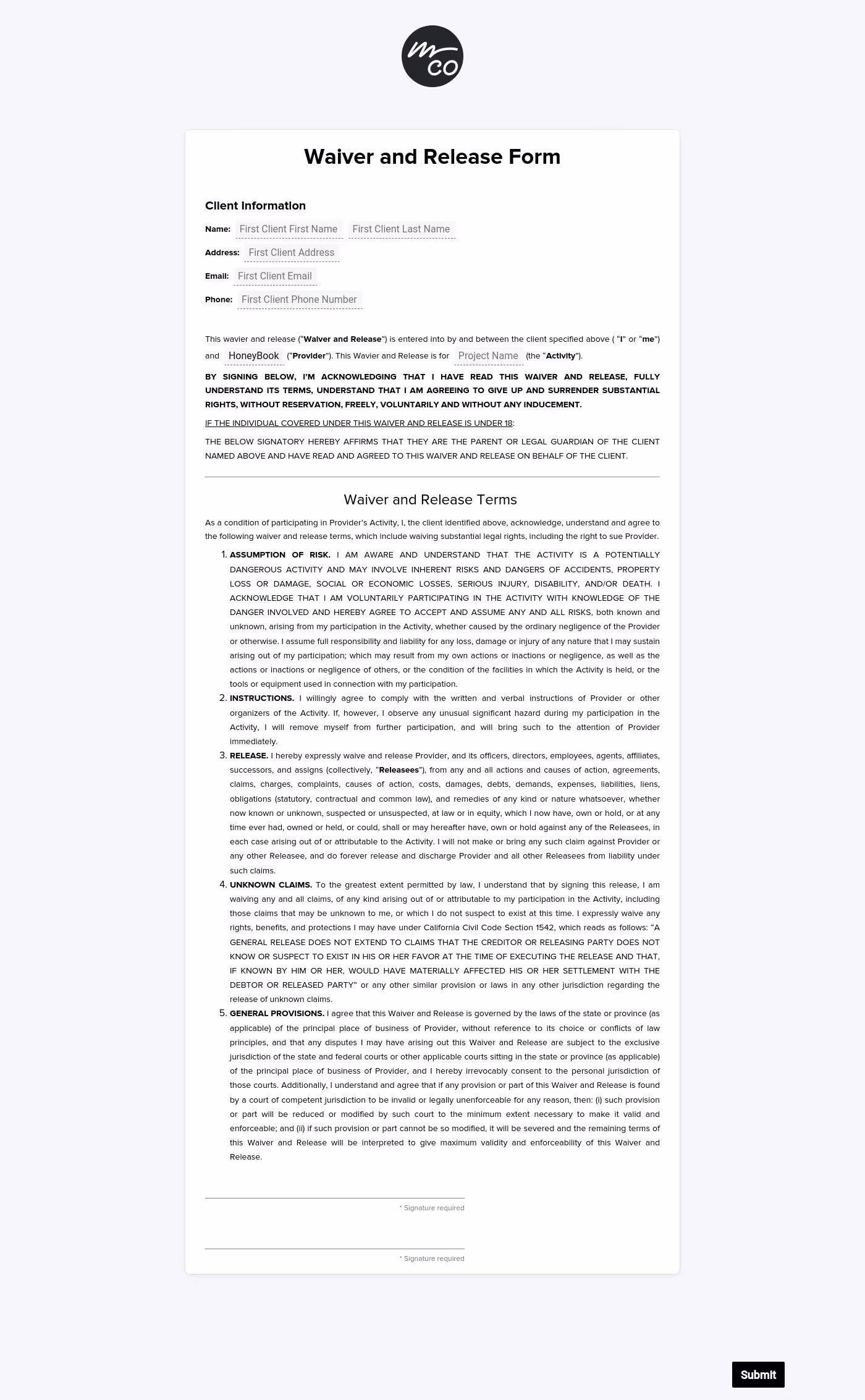 Waiver of Liability Agreement