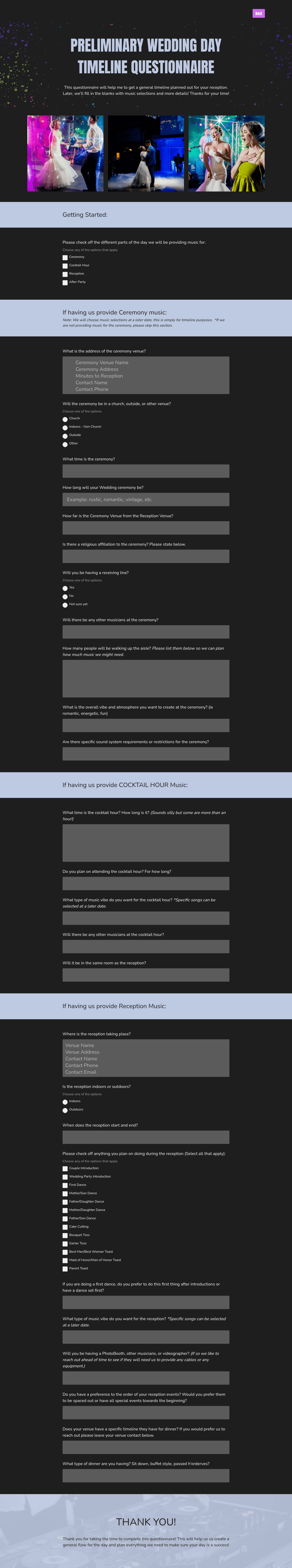 Wedding DJ Preliminary Wedding Timeline Questionnaire
