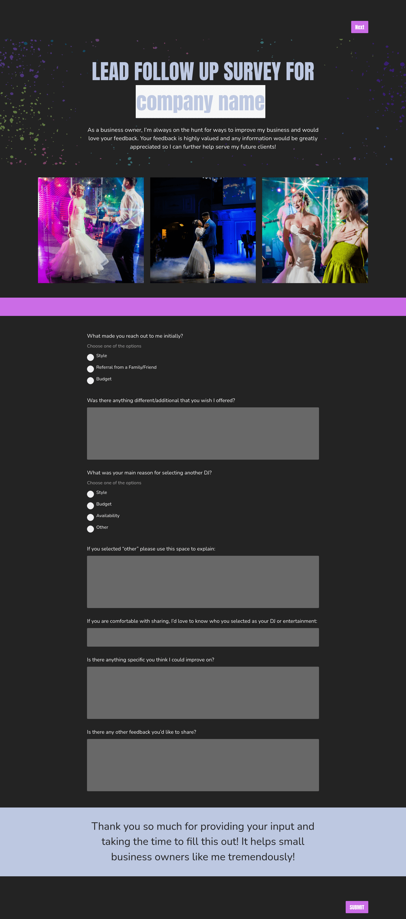 Wedding DJ Lead Follow Up Survey