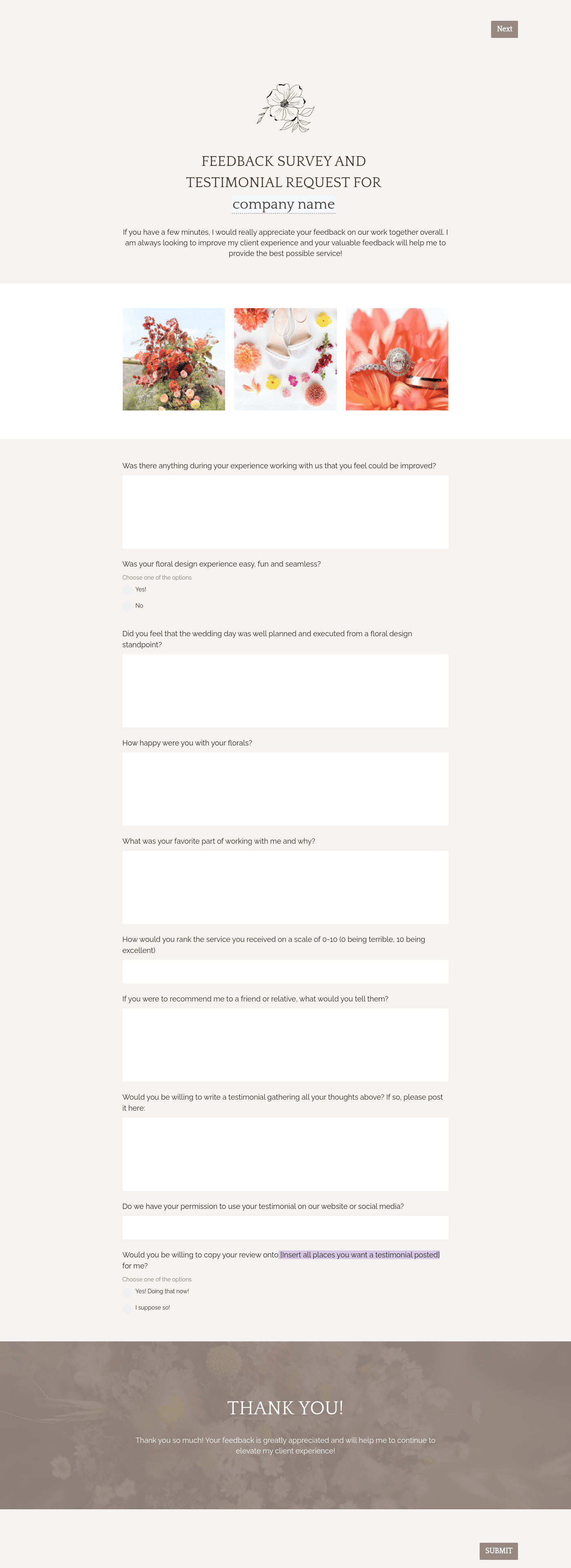 Wedding Florist Feedback Request