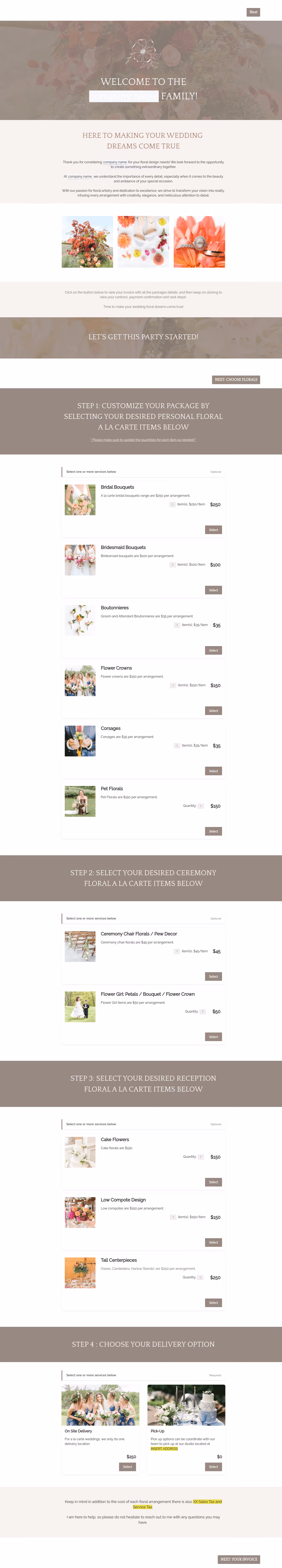 Wedding Florist Proposal A la Carte