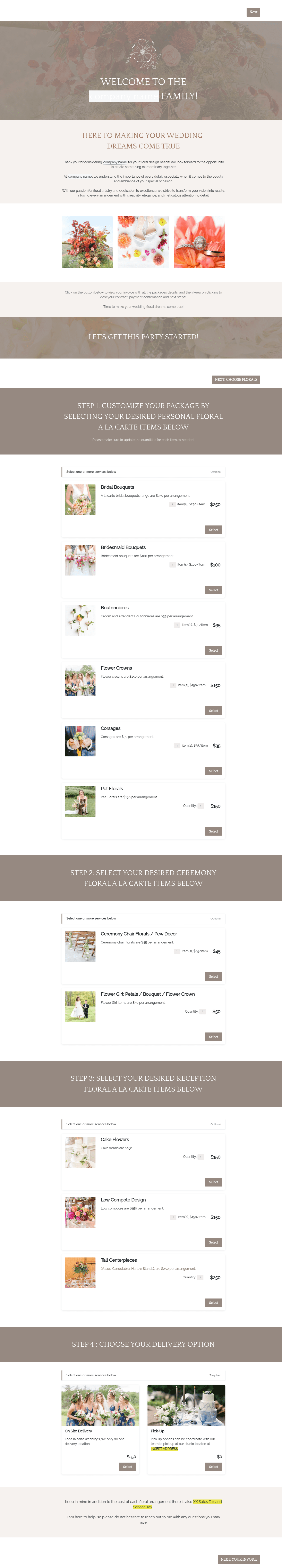 Wedding Florist Proposal A la Carte