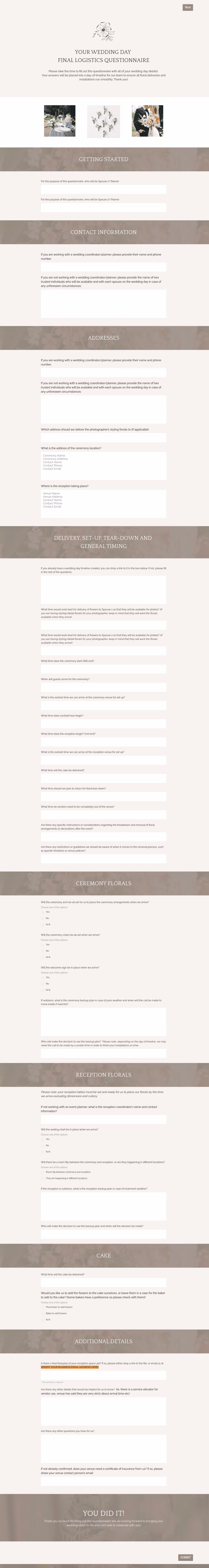 Wedding Florist Timeline Questionnaire