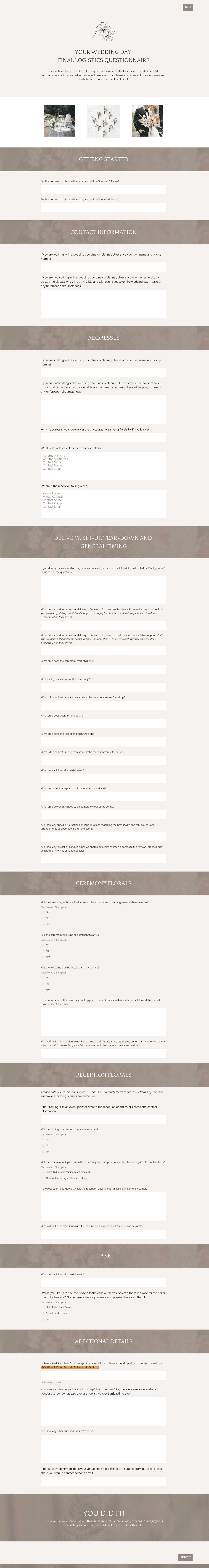 Wedding Florist Timeline Questionnaire
