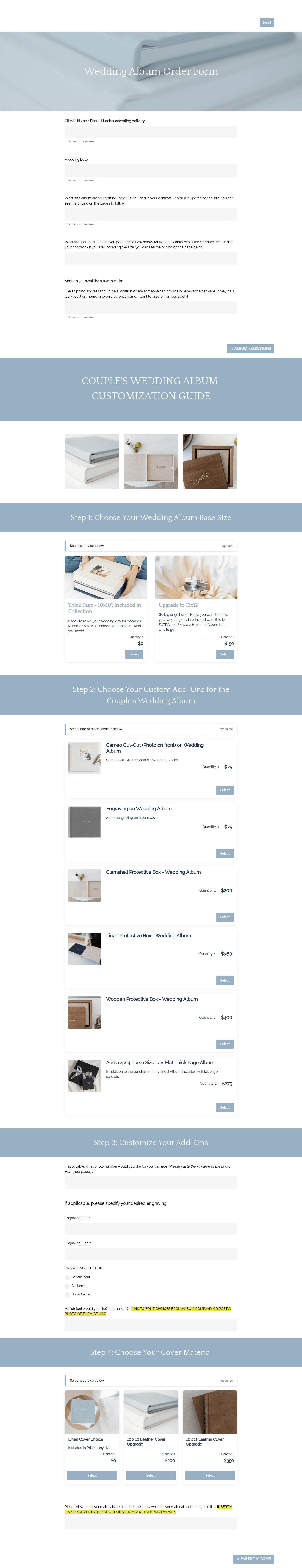 Wedding Photo Album Customization Order Form