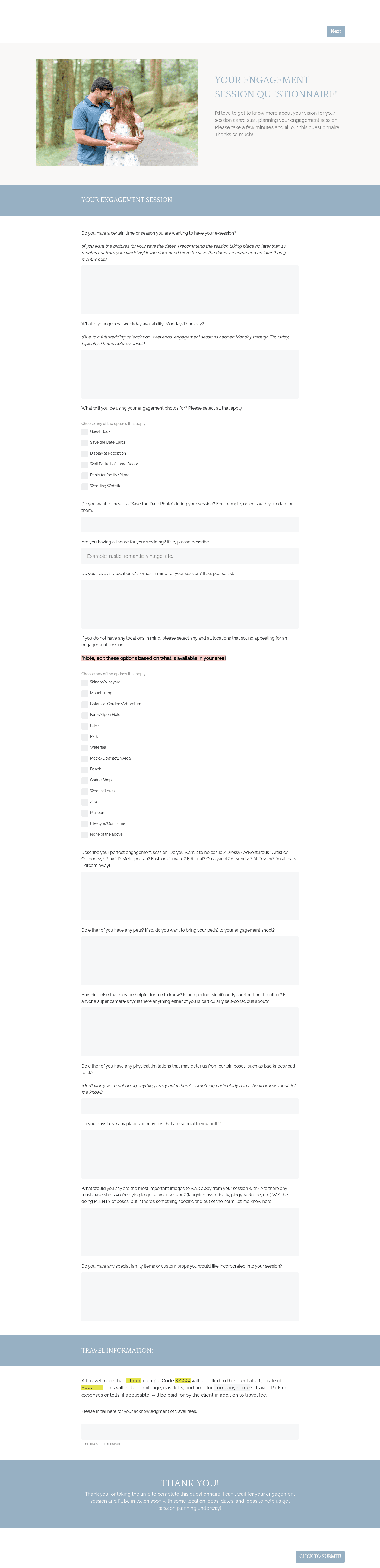 Wedding Photo Engagement Session Questionnaire