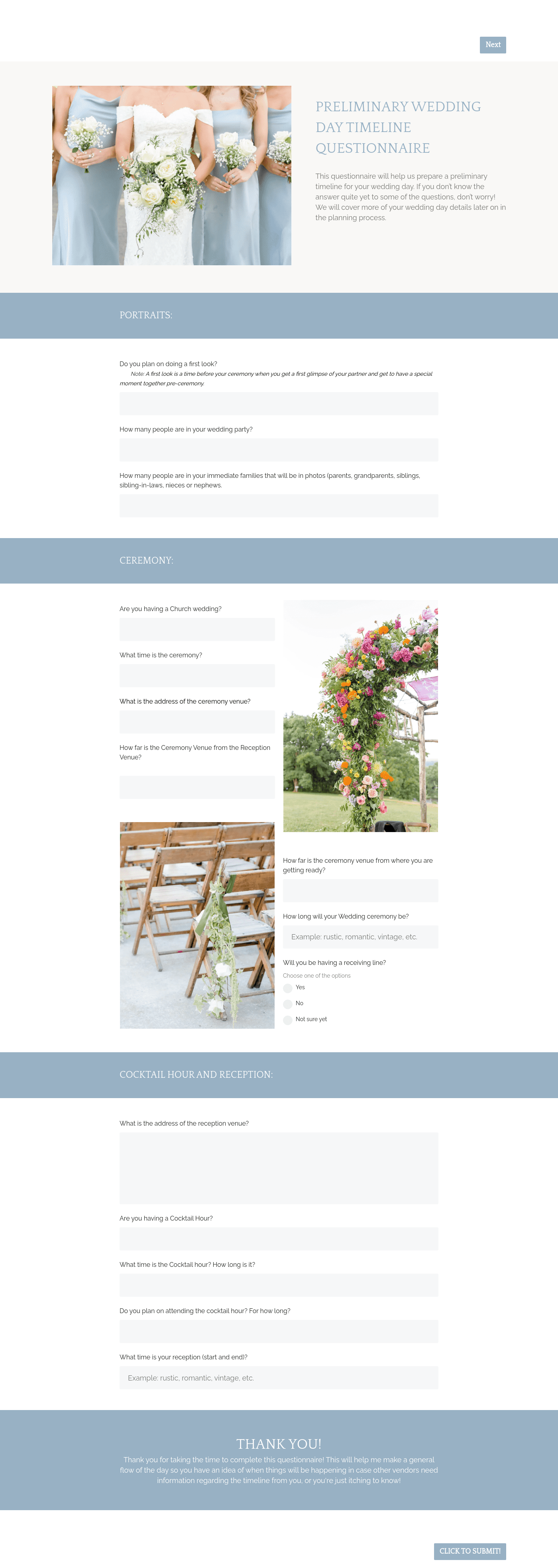Wedding Photo Preliminary Timeline Questionnaire