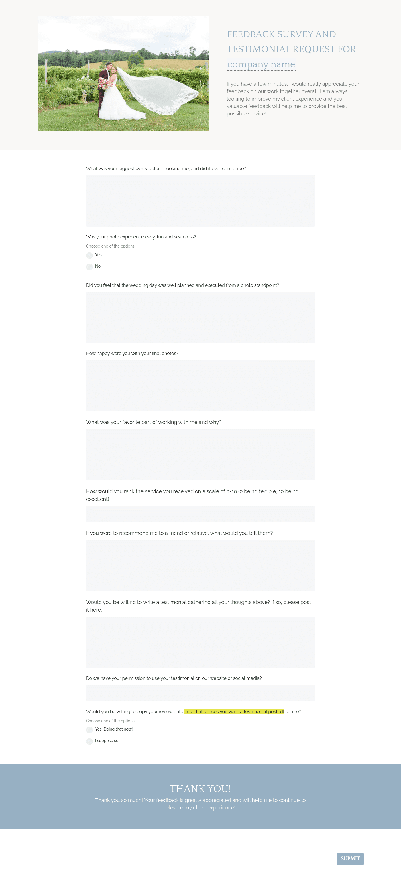 Wedding Photography Feedback Request