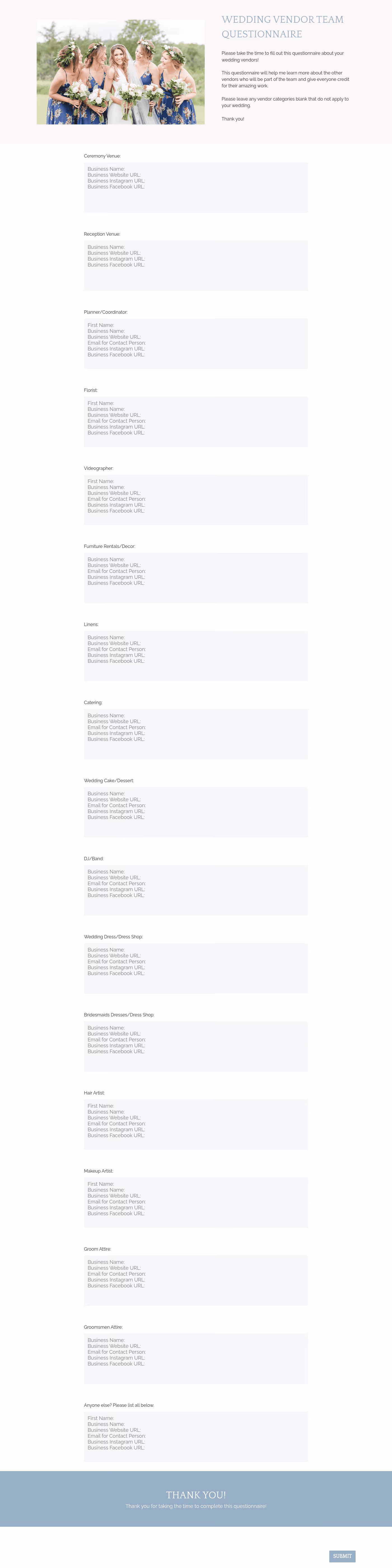 Wedding Photography Vendor Questionnaire