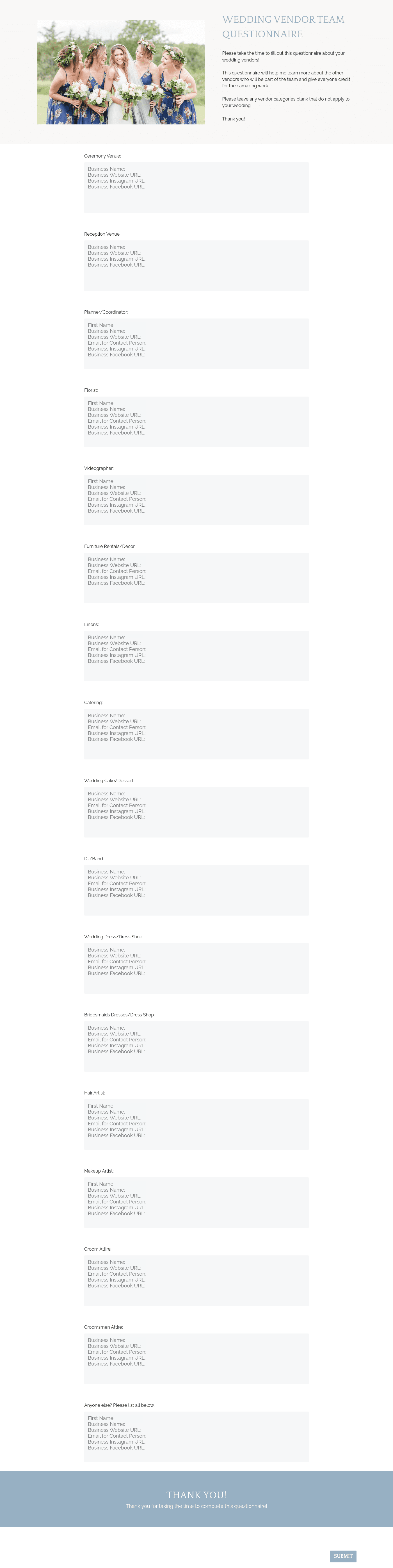 Wedding Photography Vendor Questionnaire