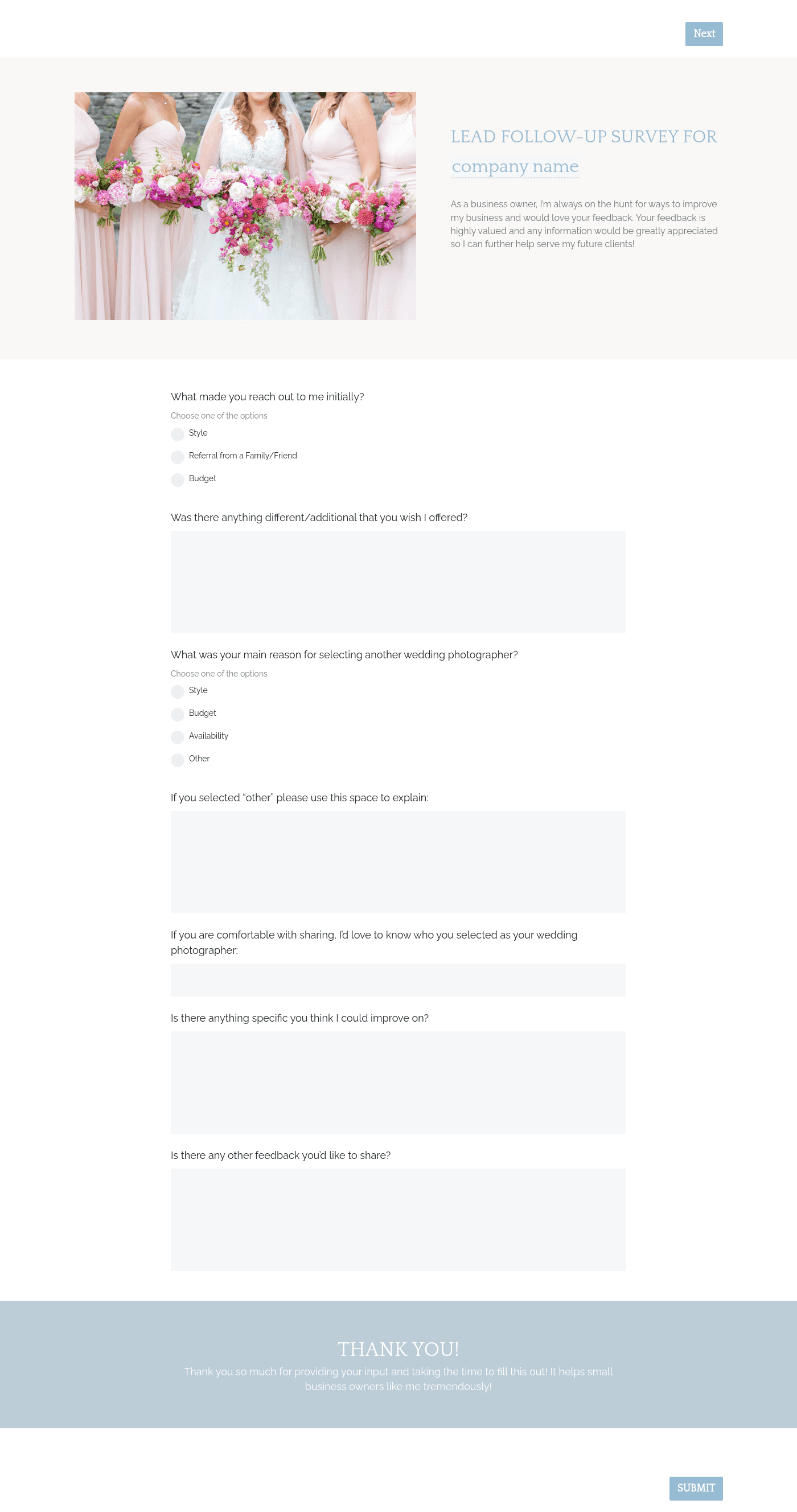 Wedding Photography Lead Follow Up Survey