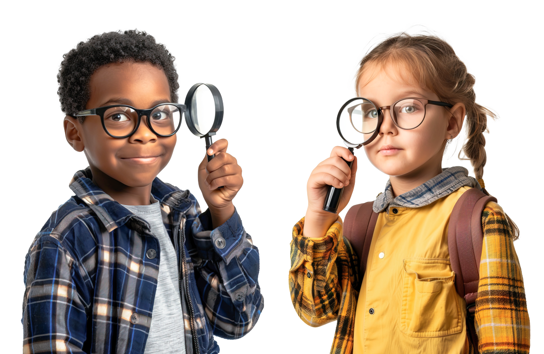 Boy and girl investigating with magnifying glasses.
