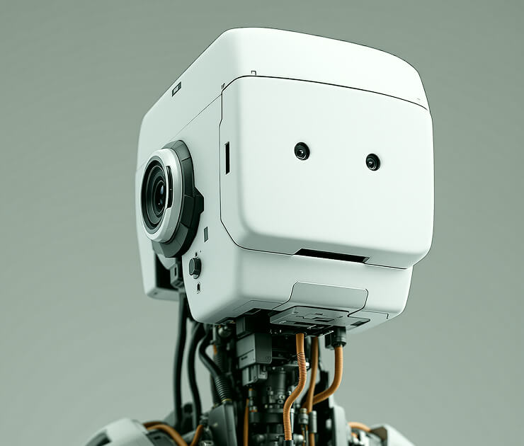 Close-up of a white robot head with two camera-like eyes and visible mechanical components and cables.