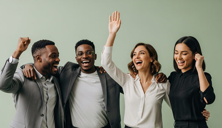 Four diverse young adults smiling and celebrating together with raised hands.