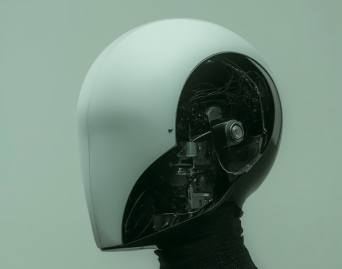 Side view of a futuristic helmet with a white outer shell and a transparent black visor revealing mechanical components inside.