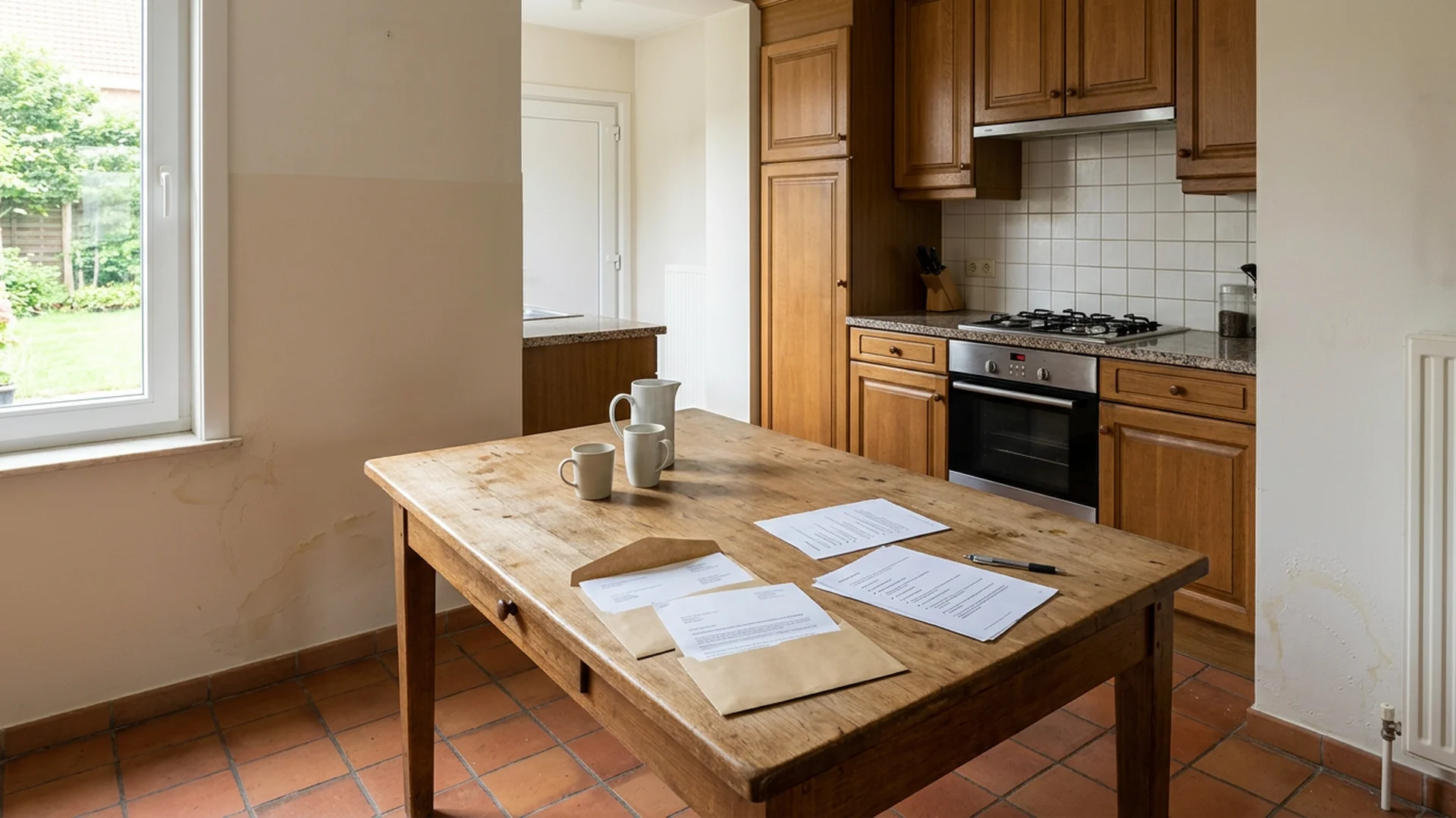 Premiedossier met documenten op een keukentafel in een woning met vochtschade op de muur