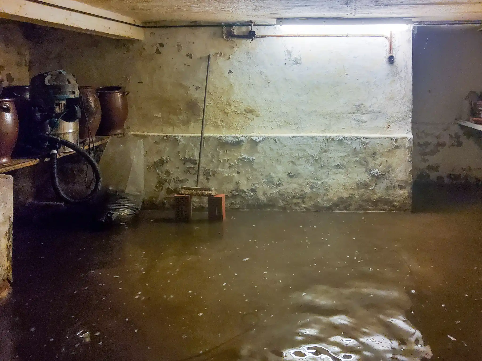 AQUAPROVED vochtbestrijding: ondergelopen kelder met water op de vloer