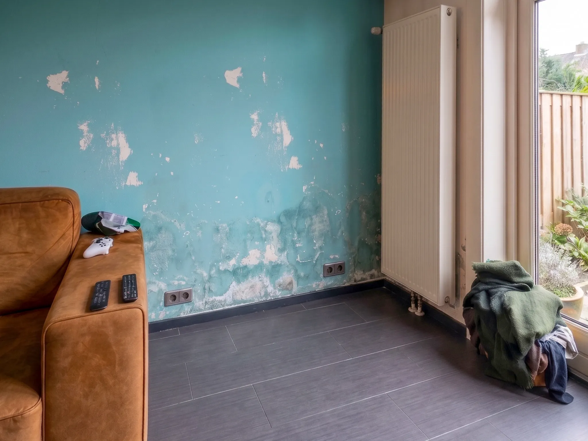 AQUAPROVED vochtbestrijding: sulfaatuitbloei op een muur met opstijgend vocht
