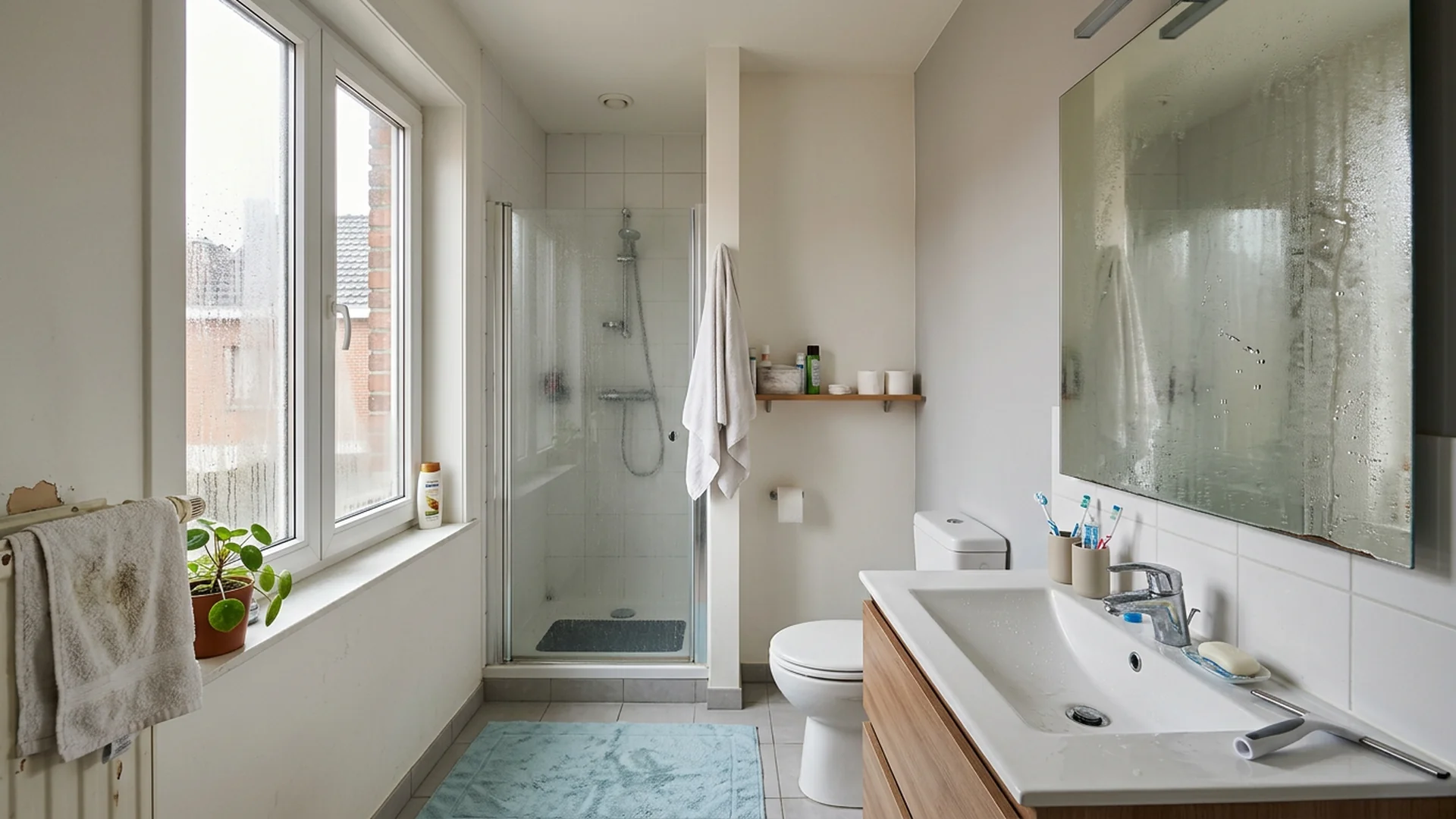 AQUAPROVED vochtbestrijding: badkamer met douche en beslagen spiegel door vocht