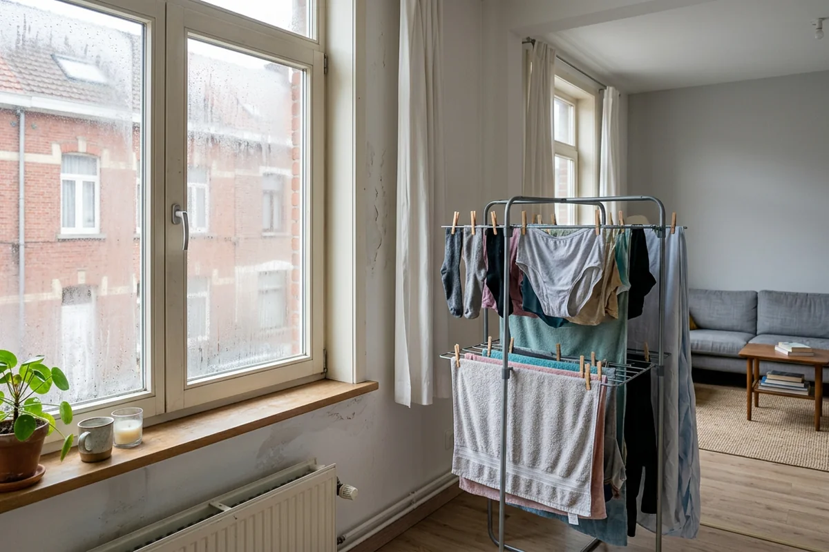 AQUAPROVED vochtbestrijding: wasrek met drooggoed voor een raam met condens in een woonkamer