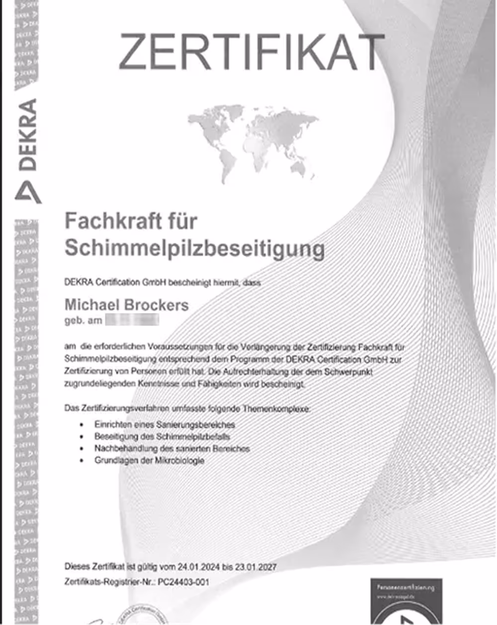 Zertifikat der DEKRA Certification GmbH für Michael Brockers als Fachkraft für Schimmelpilzbeseitigung mit Gültigkeit von Januar 2024 bis Januar 2027.