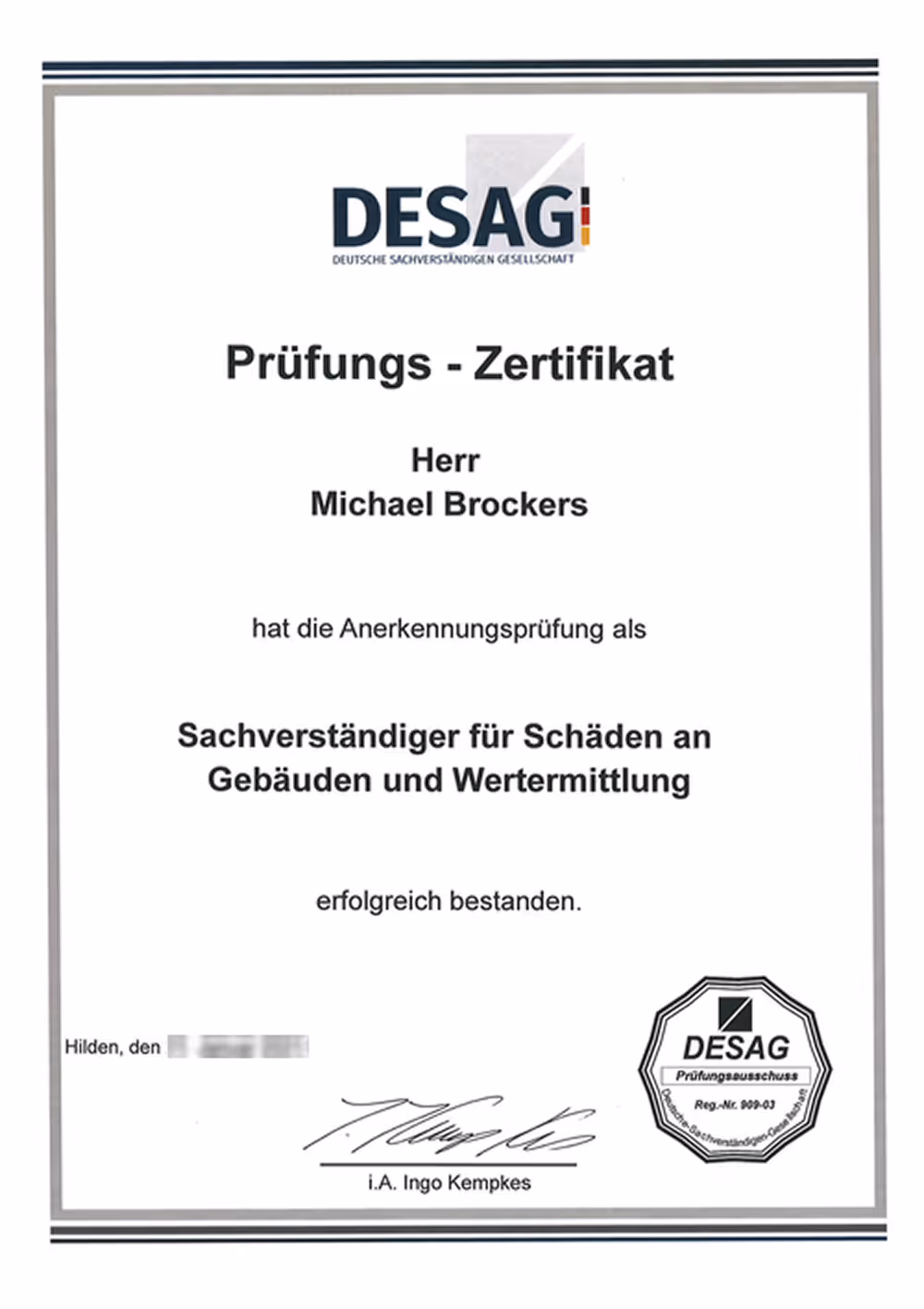 Prüfungszertifikat der DESAG für Herr Michael Brockers als Sachverständiger für Schäden an Gebäuden und Wertermittlung, ausgestellt am 21. Januar 2021, mit Unterschrift von Ingo Kempkes.
