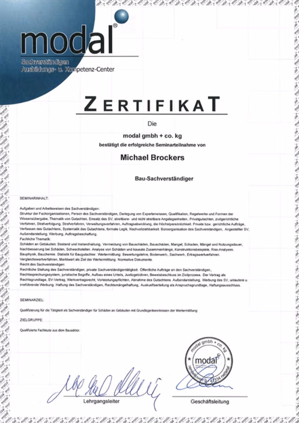 Zertifikat der modal gmbh + co. kg für Michael Brockers als Bau-Sachverständiger mit Seminarinhalt und Unterschriften.