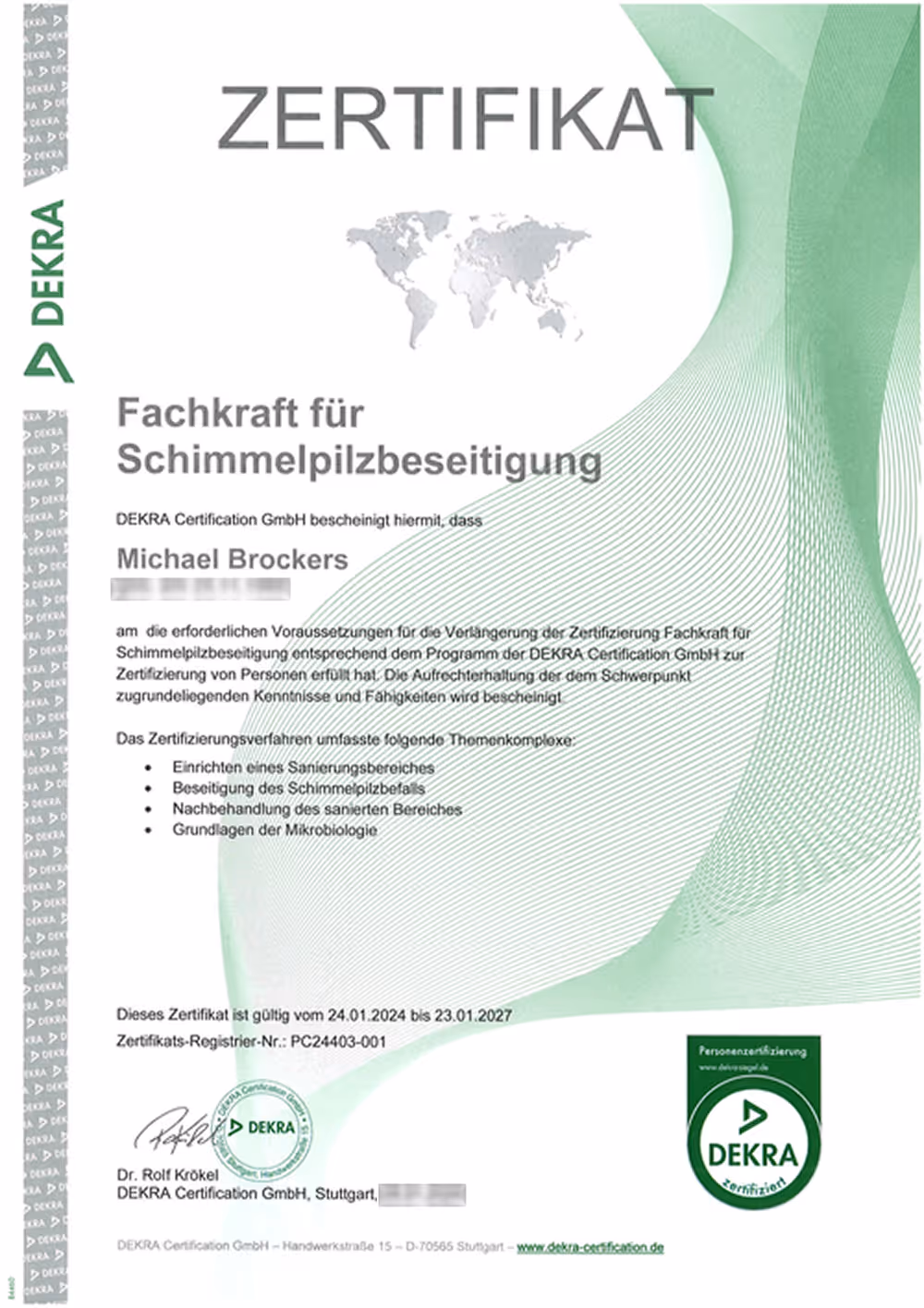 Zertifikat der DEKRA Certification für Michael Brockers als Fachkraft für Schimmelpilzbeseitigung mit Gültigkeit von Januar 2024 bis Januar 2027.
