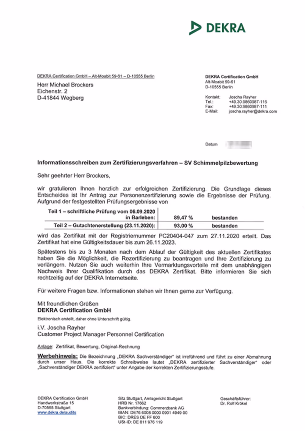 DEKRA Zertifizierungsschreiben an Herrn Michael Brockers mit Details zur erfolgreichen Personenzertifizierung und Prüfungsergebnissen, datiert 27.11.2020.