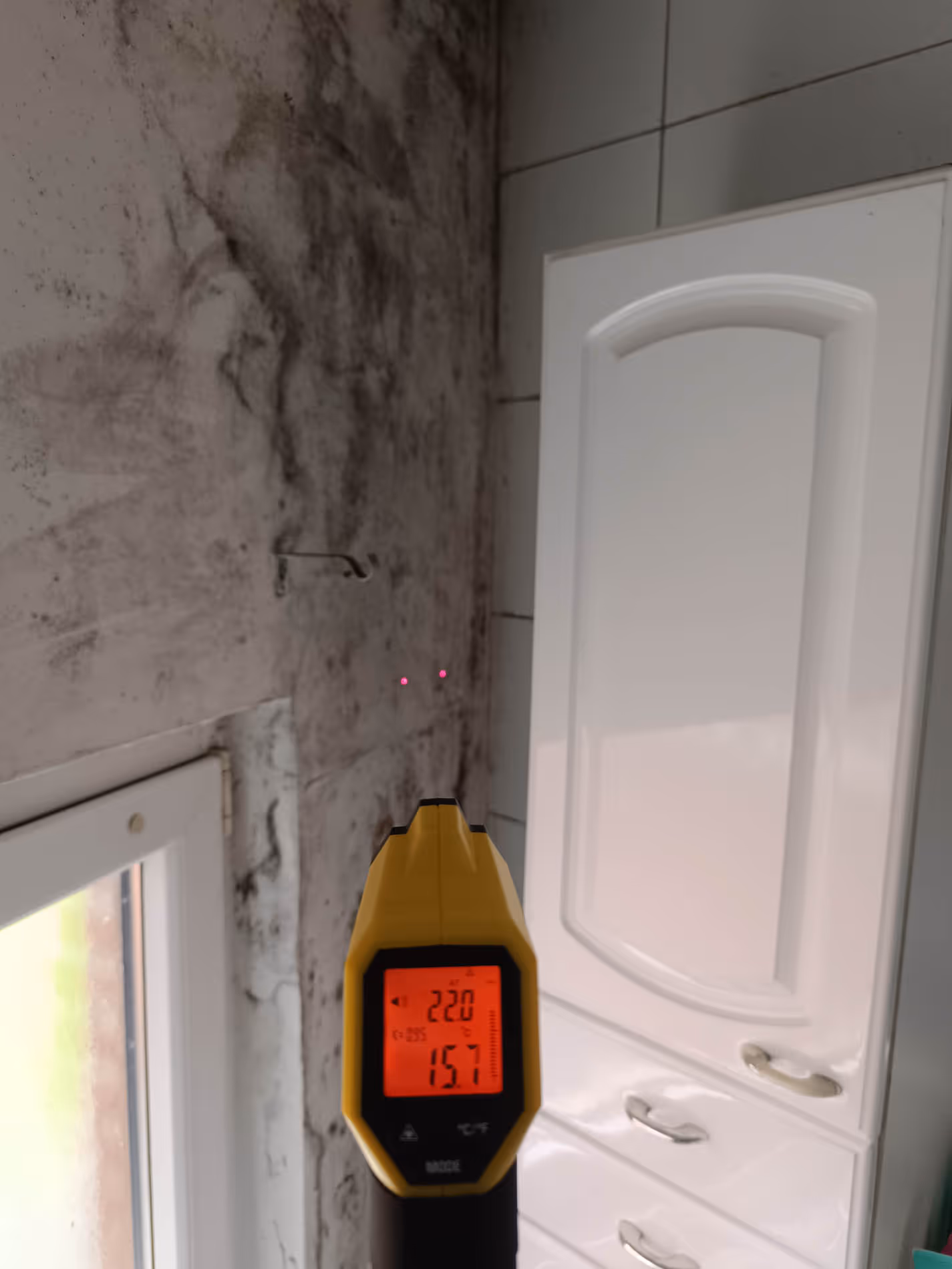 Ein Infrarot-Thermometer misst die Temperatur an einer Wand mit schwarzem Schimmel neben einem weißen Küchenschrank.