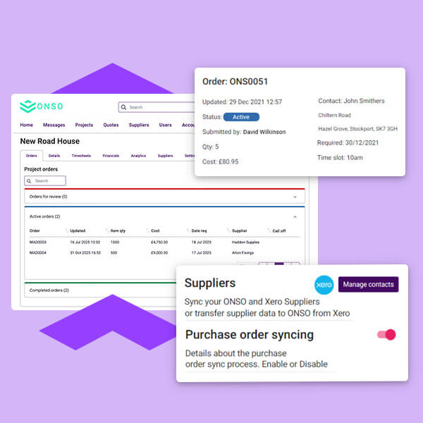 ONSO Purchase Order (ONSO0051) details screen, showing the status, required date, and contact information. The interface simplifies order requests, tracking, and provides live spending visibility, integrated with Xero.