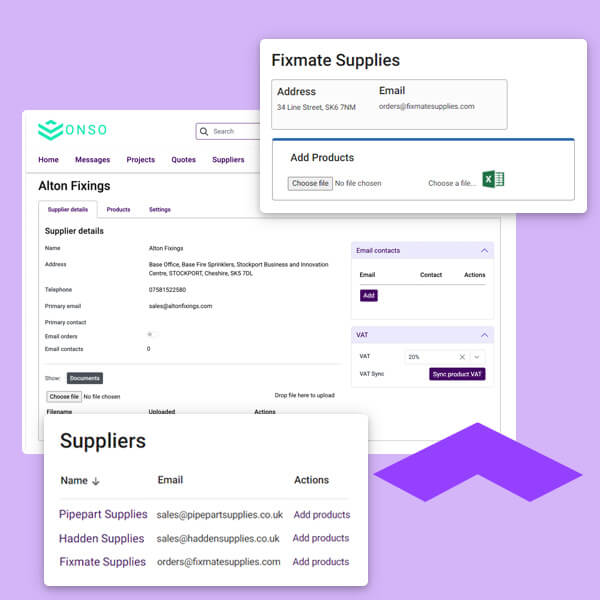 NSO Supplier Management dashboard showing details for 'Alton Fixings' and a list of suppliers. The platform centralises supplier contacts, product catalogues, and direct order requests for streamlined procurement.