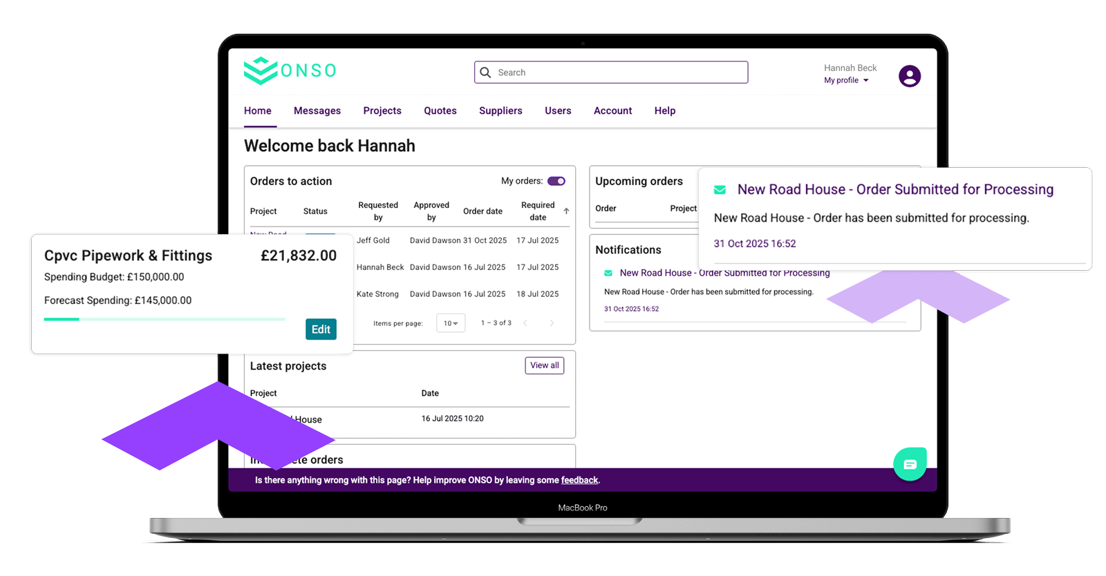 ONSO's automated procurement dashboard showing real-time budget spending, forecasting, and notifications for quick action, enabling users to save time and accelerate the construction workflow.