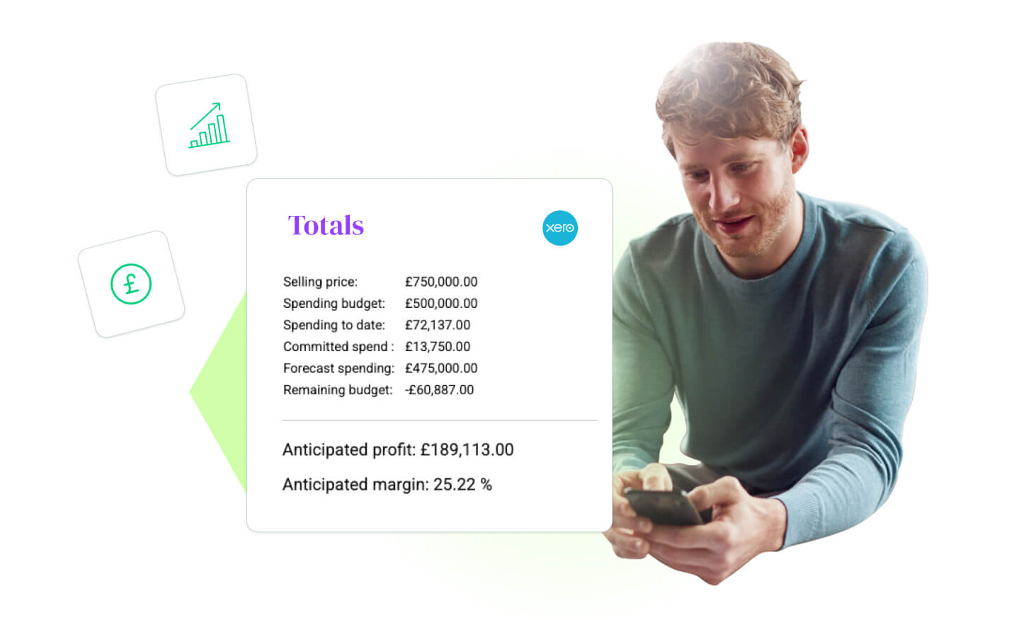 Man using a smartphone next to ONSO's financial summary screen, illustrating how approved purchase orders are automatically pushed to Xero, eliminating duplicate data entry and boosting team productivity.