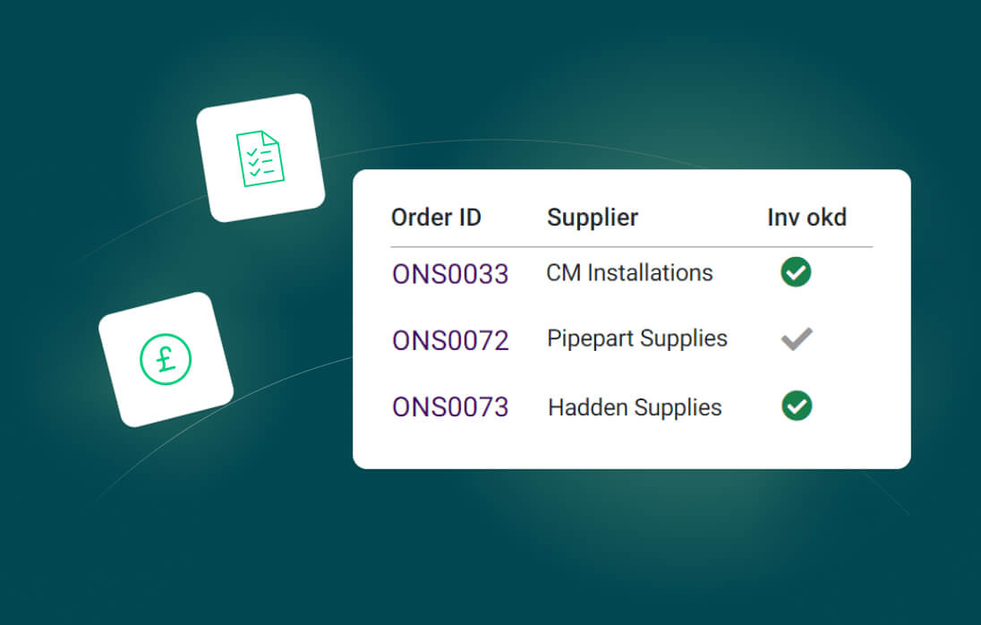 ONSO's simplified invoice matching interface, showing Order IDs, suppliers, and validated invoicing status, which accelerates accounts payable and ensures faster, accurate bill matching with pre-coded Purchase Orders.