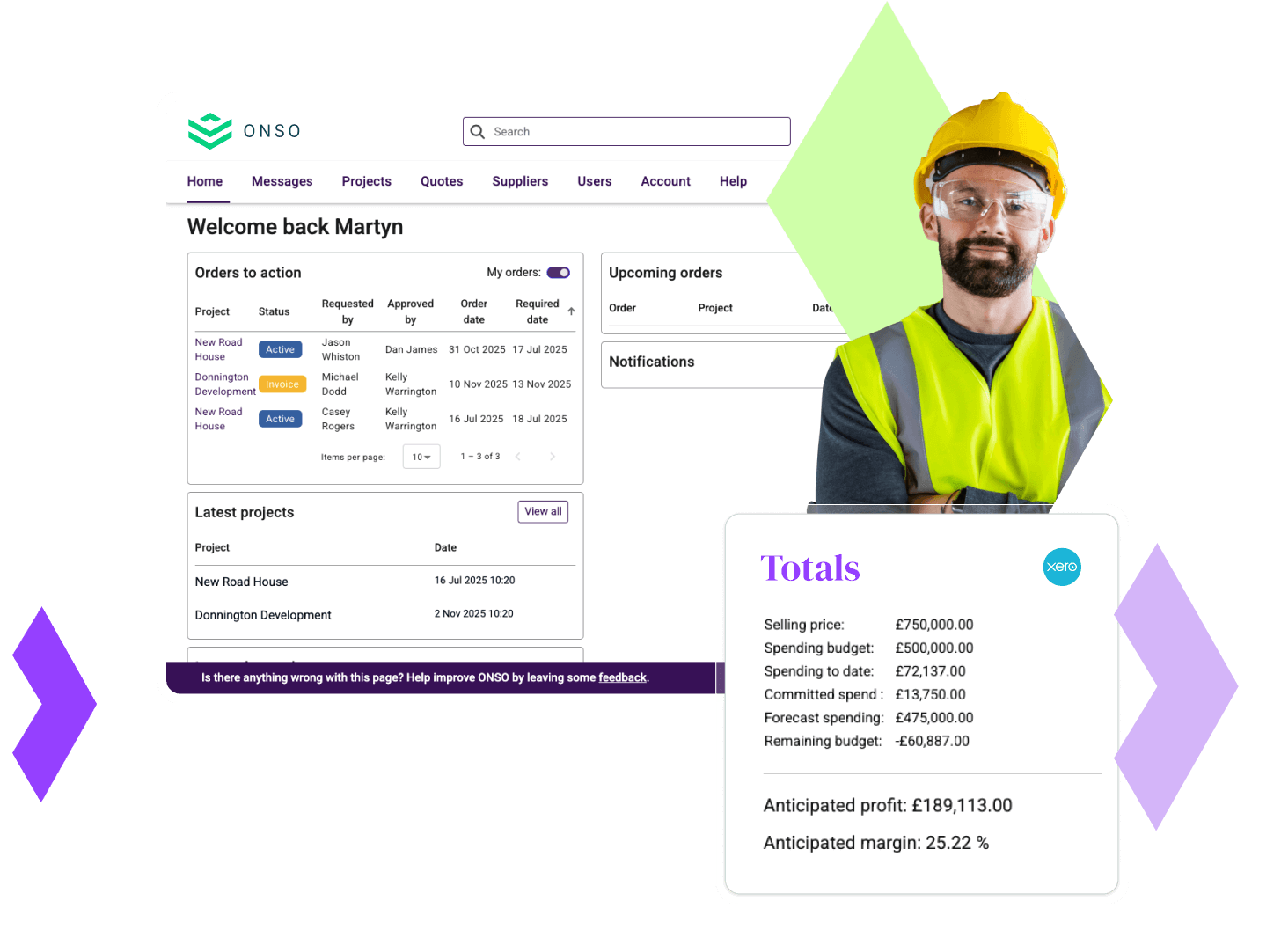 ONSO procurement software dashboard. Automated Purchase Order system used by construction project managers and onsite teams for real-time order tracking and project cost control.