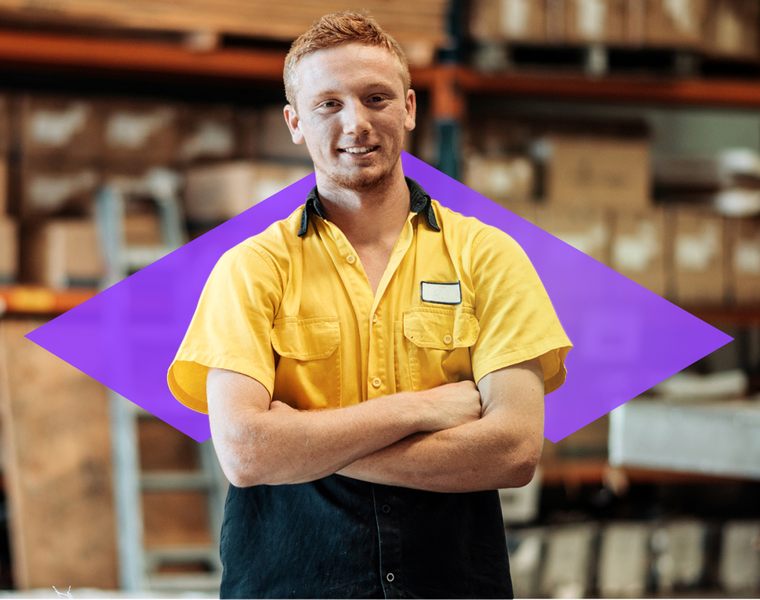Warehouse supplier or site manager smiling, representing ONSO's key features that simplify procurement, control purchase orders, and provide real-time analytics to help businesses thrive.